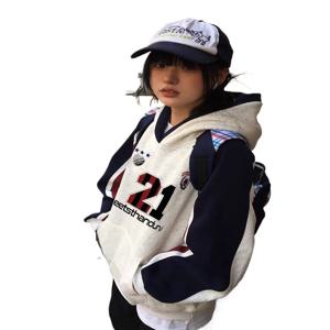 메가톤급 100% 순면 미국식 충돌색 후드 후드 여성 춘추 소수의 독특한 긴 소매 상의 느슨한 커플