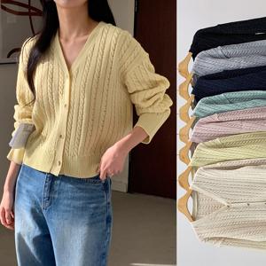 여성 브이넥 니트 가디건 꽈배기 미니 봄 루즈핏 기본 파스텔