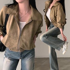 여성 스웨이드 자켓 집업 크롭 숏 점퍼 봄 카라 라이더 야상