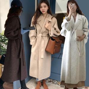 모직 여자 무지 윈터 겨울 클래식한 디자인 카라 허리끈 스타일