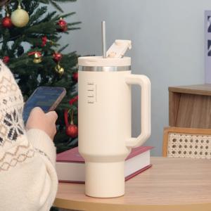 엘르 텀블러 900ml 대용량 아이보리 스텐 빨대포함 보온 보냉 휴대용 손잡이 차량용 엘르 공식판매처