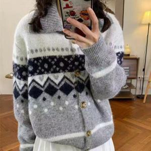 Cotton Bloom 겨울 노르딕 가디건 빈티지 페어 아일랜드 울 니트 가디건