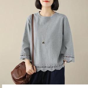 여성 빅사이즈 루즈핏 순면 티셔츠 7부소매 펀칭 기본