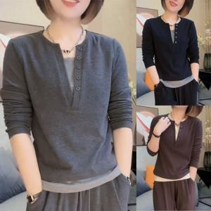 meipian100kg까지 빅사이즈 여성 면100% 페이크 레이어드 단추넥 디자인 이너 긴팔티 가을 편한 나른한 코