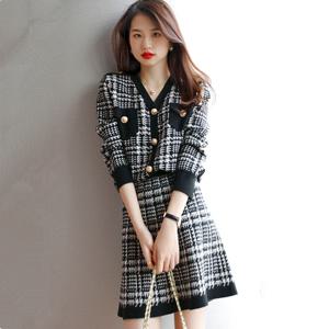 여성 브이넥 니트 체크 카디건 코트 스판 밴딩 숏 치마 투피스 긴팔 니트티 스커트 캐주얼 세트