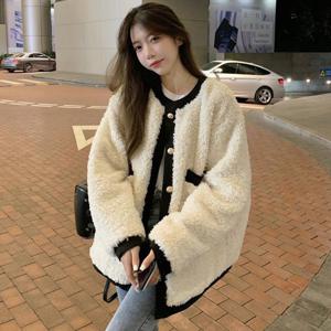 여성용 루즈핏 배색 트위드 코트 겨울 방한 도톰한 겨울자켓 부드러운 아우터