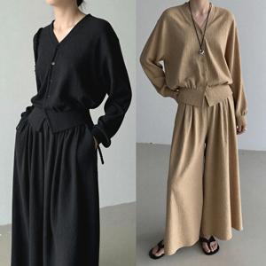 여성 가디건 상하 세트 와이드 팬츠 투피스 셋업 빅사이즈 봄 여름 간절기 루즈핏 브이넥 통 바지