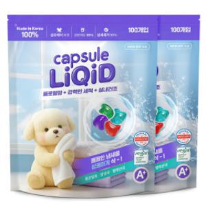리퀴드 고농축 4챔버 캡슐세제 100개입+100개입 / 8배 고농축 중성 피부저자극 세탁세제 대용량 국내생산