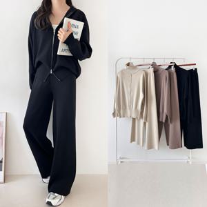 여성 니트 집업 세트 밴딩 와이드 팬츠 바지 투웨이 가디건 봄