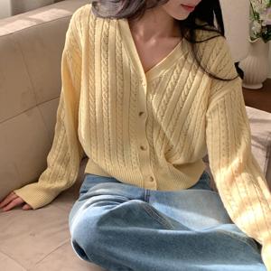 여성 꽈배기 가디건 브이넥 니트 크롭 봄 미니 루즈핏 기본