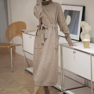 가을 겨울 여자 롱 니트 원피스 포켓 깔끔한 편안한 롱원피스 하이 니트 원피스 여성 니트 롱스커트