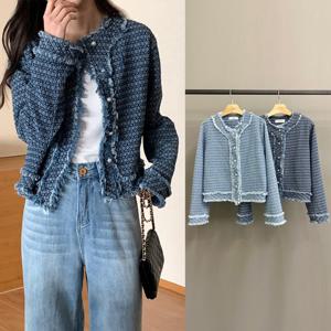 노카라 청 자켓 태슬 수술 트위드 데님 진주버튼 하객 봄 여성의류 숏
