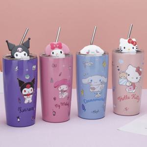 1+1 정품 산리오 텀블러 대용량 물병 스테인레스 빨대 콜드컵 시나모롤 쿠로미 멜로디 키티 빨대컵 600ml