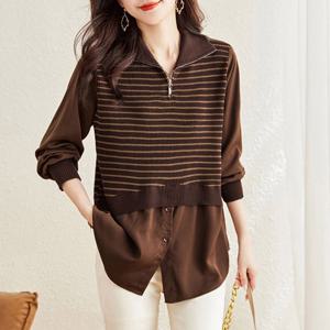 봄 가을 니트 상의 여성 배색 칼라 긴팔 셔츠