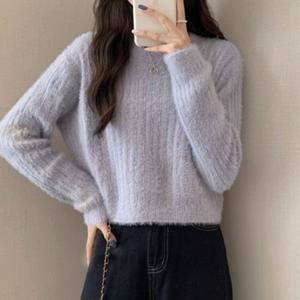 여성 심플 보송 긴팔 크롭 니트티