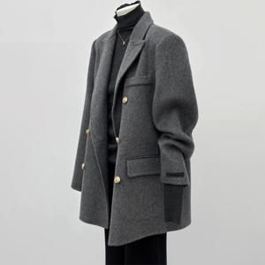 여성 라지 칼라 골드 버튼 미디 랭스 클래식 오피스 스타일 자켓