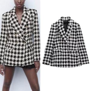 여성 자켓/여성 하운드투스 헤링본 체크 트위드 정장 더블 자켓 블레이저