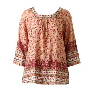 와코루 고급스러운 레이온 꽃 보더 나염 네크라인 이지웨어 상의(WPA367WS)