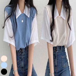 여자 여름 니트 반팔 셔츠 페이크 레이어드 티셔츠