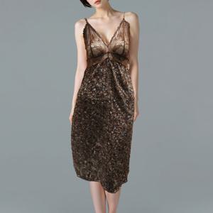 [바바라(언더웨어)]브라운 번아웃 프린트 시스루 롱 슬립 AFS4613S