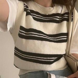 니트 여성 조끼 캐주얼 디자인 데일리 줄무늬 의류 LK-B033