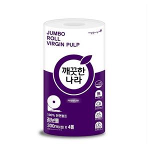 깨끗한나라 100 천연펄프 2겹 점보롤 300m 4롤 점보화장지 점보롤티슈 부드러운티슈 업소용휴지 점보롤화장