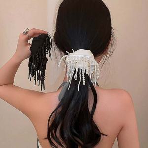 아이보리 고무밴드 진주 블랙 머리끈 새틴술 포니테일