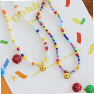 컬러비즈 동백이 비즈 스마일 구슬 목걸이 레인보우