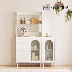 장인가구 쿠르바 모루유리 1200 3단서랍 주방 수납장 상부장 세트