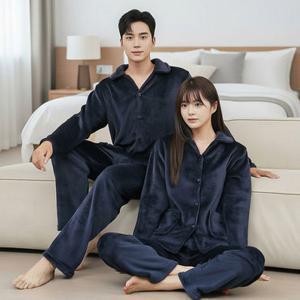 이브바바 남성 여성 커플 겨울 밍크극세사 무지 카라 상하 수면잠옷 파자마세트