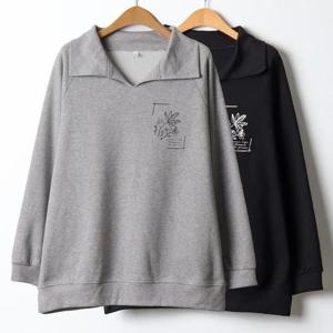 여자 빅사이즈옷 플라워 나염 면 카라 오버핏 티셔츠 MNJ411