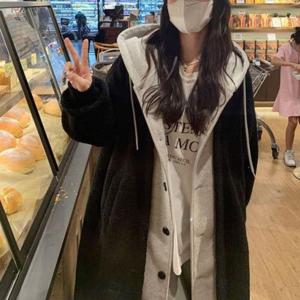 겨울 캐주얼 오버핏 양털 블랙 레이어드 후드 롱 코트 WFL06M4