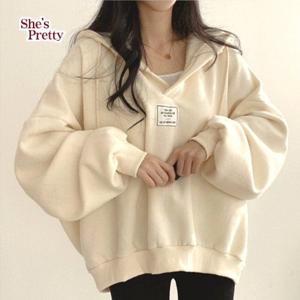 [쉬즈프리티] 라벨패치후드맨투맨 L까지_여성맨투맨