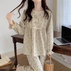 파자마 세트 홈웨어 잠옷 여성 봄 가을 플라워 WFHVYUR