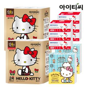 [레드패키지]헬로키티 골드라벨4겹 화장지24롤2팩+팝업티슈6팩+키친타올6팩