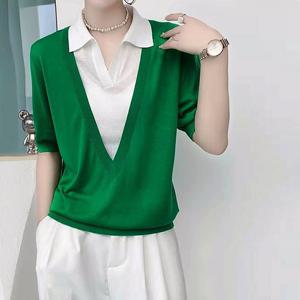 ★썸머베스트★[무드무드] 엘리지 카라 브이넥 반팔 니트