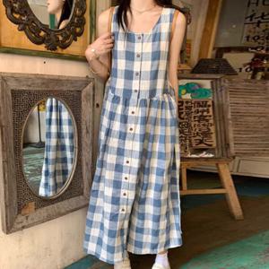 나바바 / NO932 시원한 체크 버튼 민소매 롱 원피스