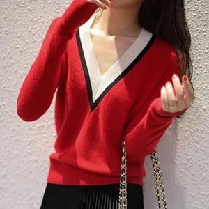 [끌레아]여성 브이넥 배색 긴팔 니트 예쁜 봄 가을 티 레드 니트티 봄니트 여자 여성봄 골지