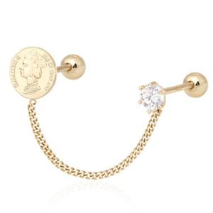 14K 골드 엘리자베스 코인 체인 큐빅 피어싱 금 귀걸이 TR251
