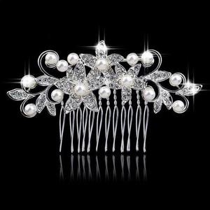 큐빅 진주 플라워 빗 크라운-화이트OC