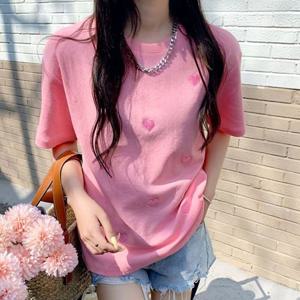 여성티셔츠 여름티셔츠 여성스러운 하트무늬 자수 데일리 반팔티