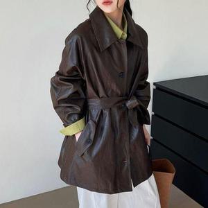 브라운 여성 레더 트렌치코트 벨트자켓 고급스러운 봄가을 아우터 WFL06FB