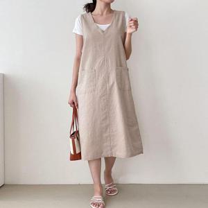 [옷자락]여자 여름 린넨원피스 투포켓 브이 민소매 통 롱원피스