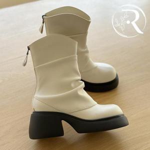 [디자이어로즈] 여성 주름 소가죽 가보시통굽부츠 7cm