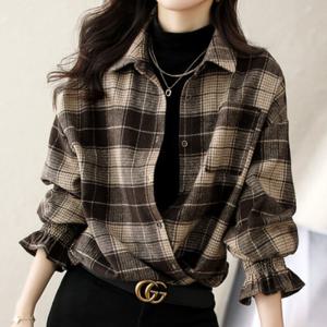 나바바 / NB1760 여성 셔링 소매 긴팔 체크 셔츠