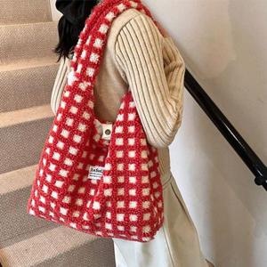 솜사탕 체크 퍼 숄더백 털 가방 여성 보부상 여자 에 WFL8JGT