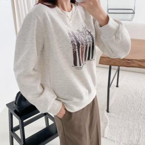 [옷자락] 여성 프린팅 기모맨투맨 겨울이너 중년 루즈핏 티셔츠