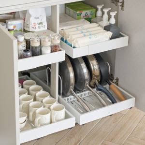 코드리빙 주방 싱크대 하부장 무타공 슬라이딩 레일 길이조절 공간활용 확장형 선반 STR-2-G2MWH