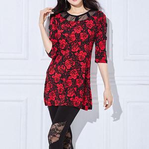 까르죠아 레드 장미 롱 블라우스 미시여성의류 섹시 티셔츠 여름 칠부