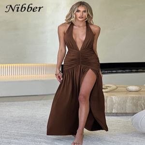 Nibber 우아한 여성용 롱 드레스, 솔리드 힙스터 홀터, V넥 백리스 셔링 사이드 스플릿 베스티도, 하이 스트리트, 신상 로브